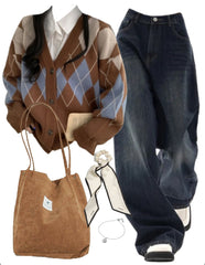 OOTD: Preppy Oversized Cardigan + Boyfriend Jeans + Embroidered Tote Bundle - fairypeony