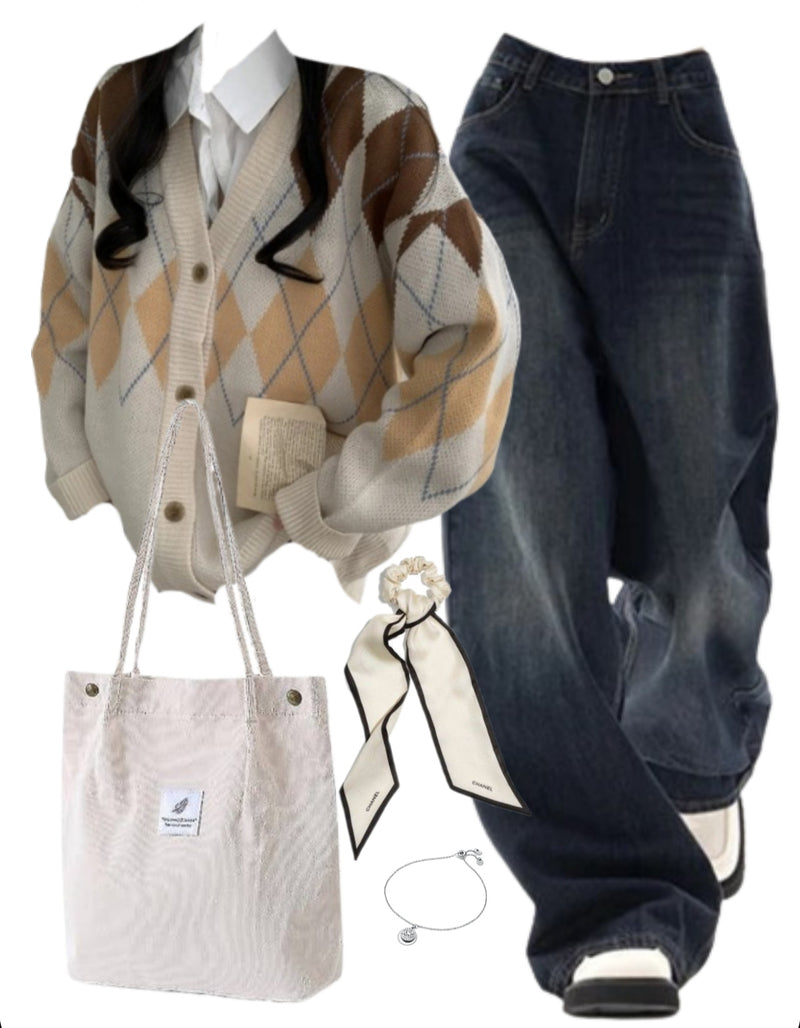 OOTD: Oversized Knitted Cardigan + Boyfriend Jeans + Corduroy Tote Bag