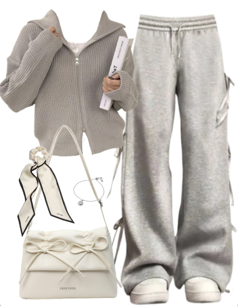 OOTD: Zip Up Cardigan + Bow Sweatpants + Bow Shoulder Bag