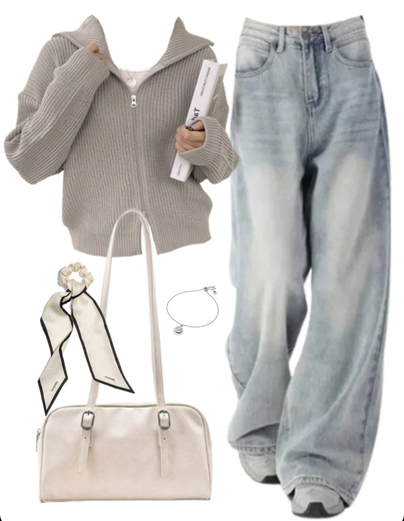 OOTD: Zip Up Cardigan + Baggy Boyfriend Jeans + Pu Leather Shoulder Bag