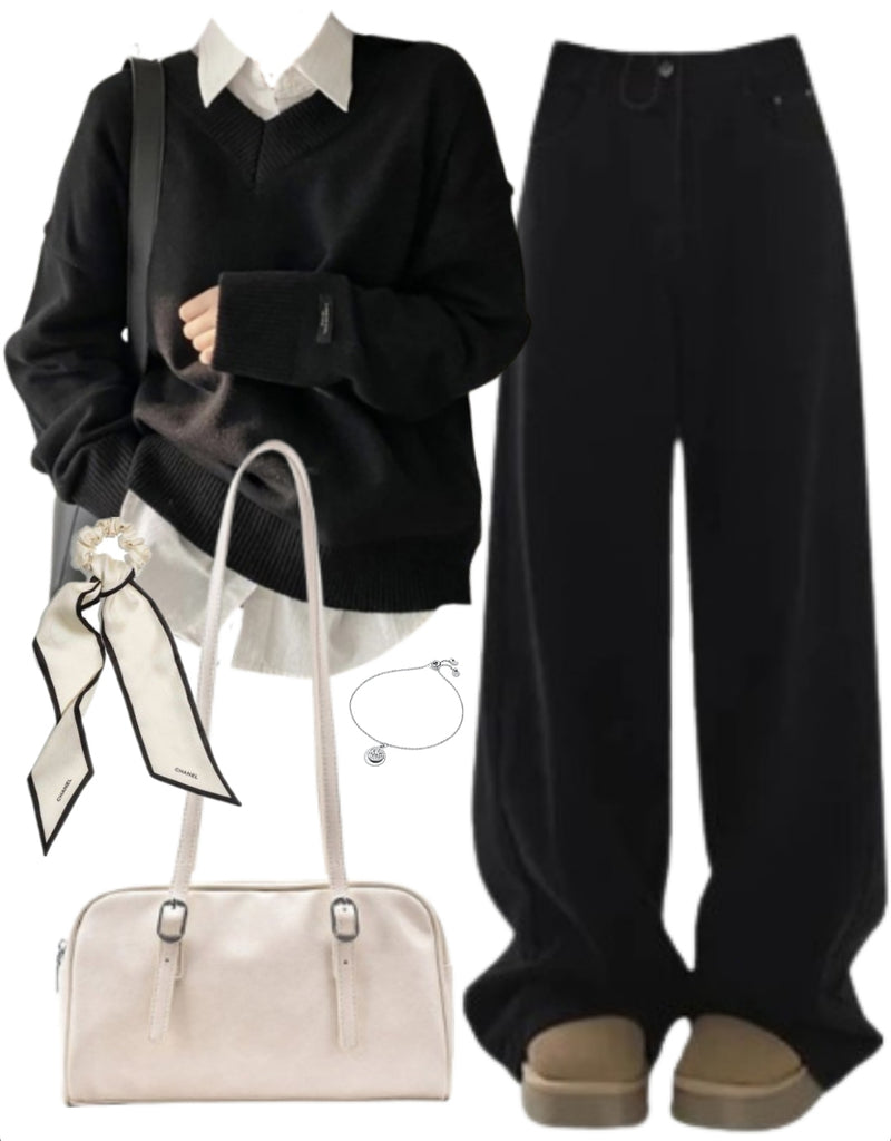 OOTD: V-Neck Pullover Sweater + Baggy Boyfriend Jeans + Pu Leather Shoulder Bag