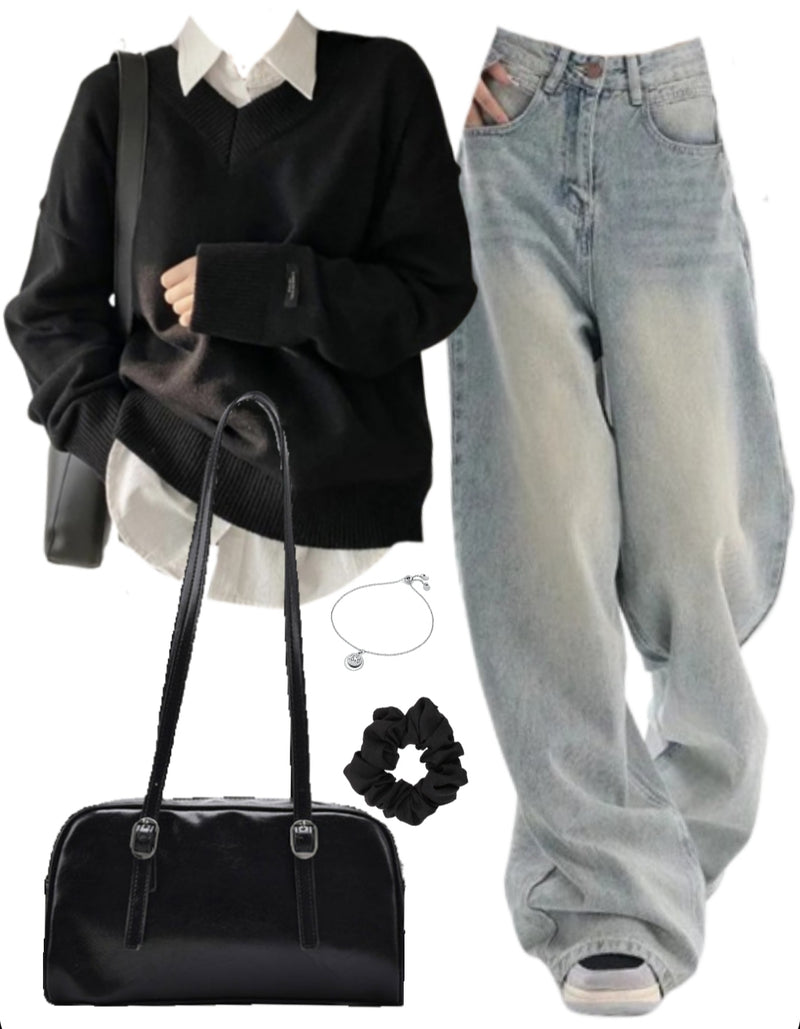 OOTD: V-Neck Pullover Sweater + Baggy Boyfriend Jeans + Pu Leather Shoulder Bag