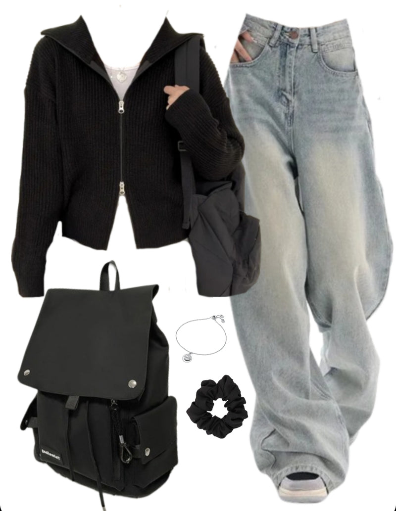OOTD: Zip Up Cardigan + Baggy Boyfriend Jeans + Large Capacity Backpack