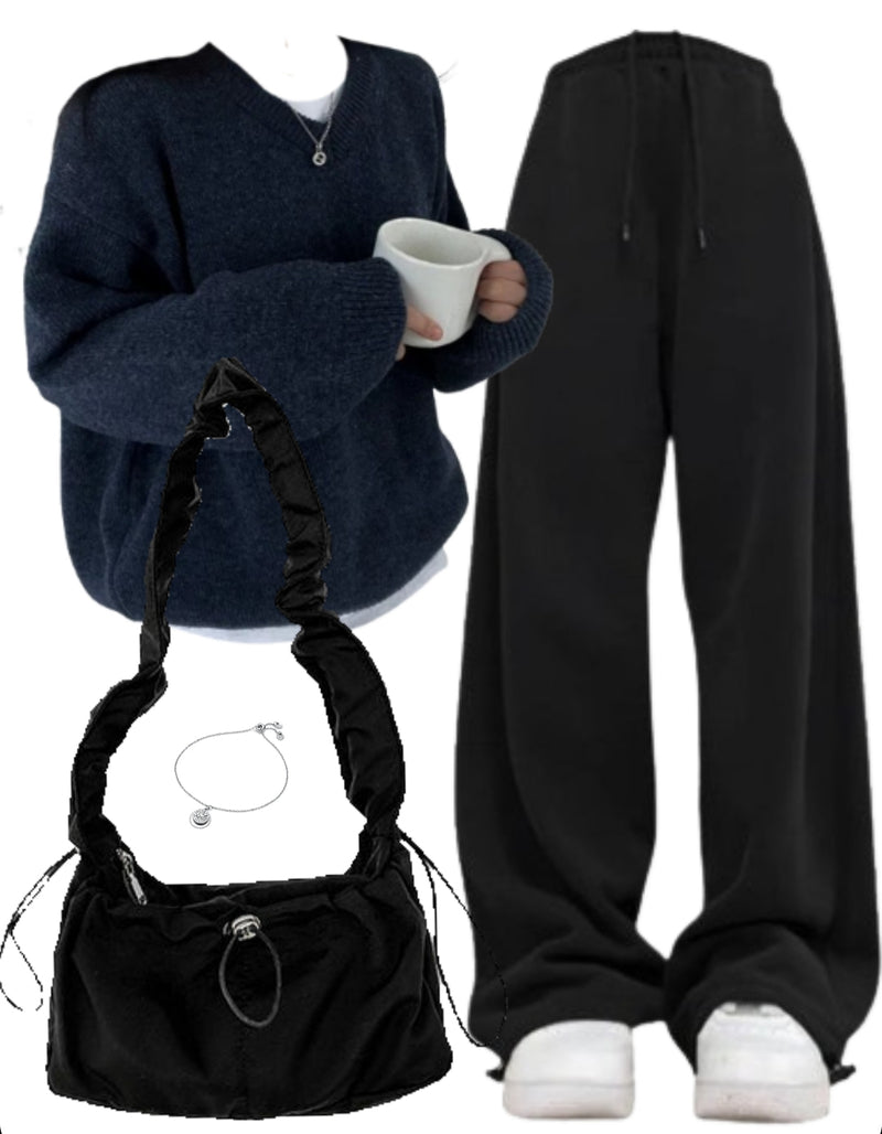 OOTD: V-Neck Oversized Sweater + Baggy Sweatpants + String Shoulder Bag