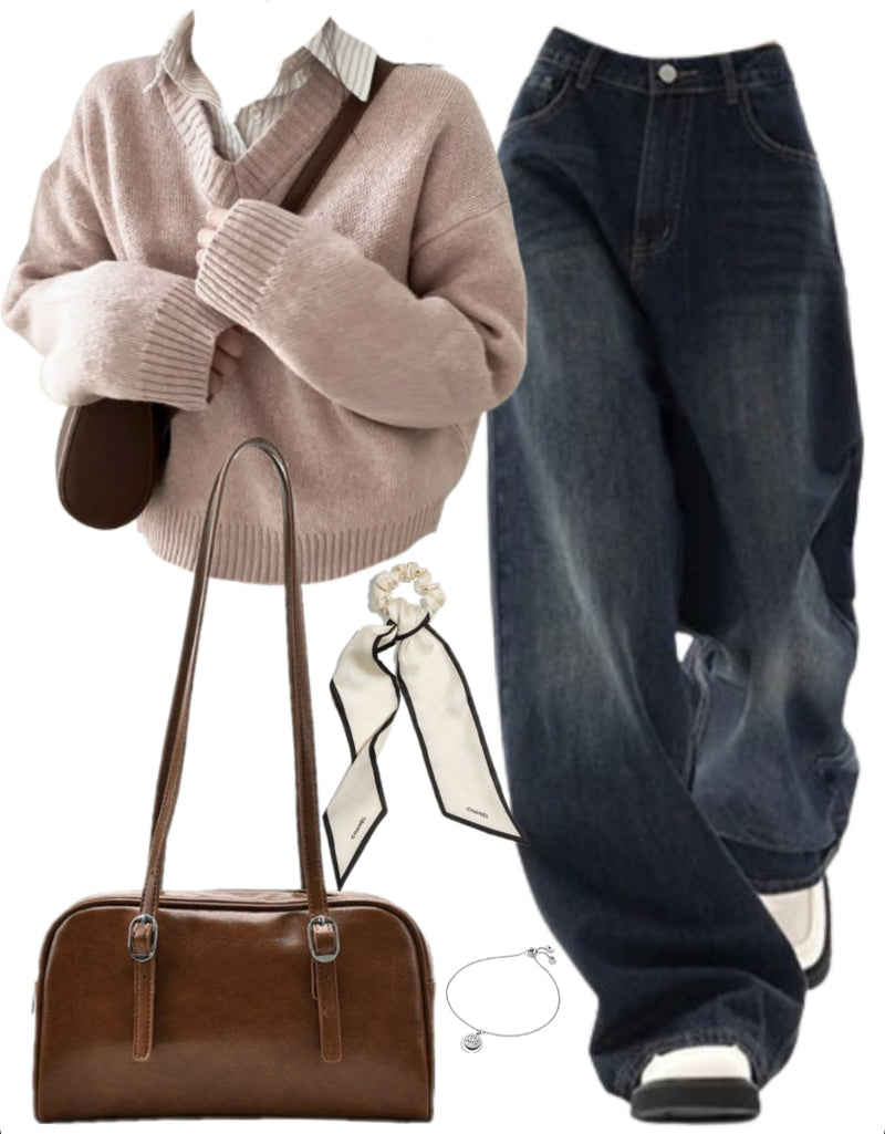 OOTD: Dark Academia Sweater + Boyfriend Jeans + Pu Leather Shoulder Bag