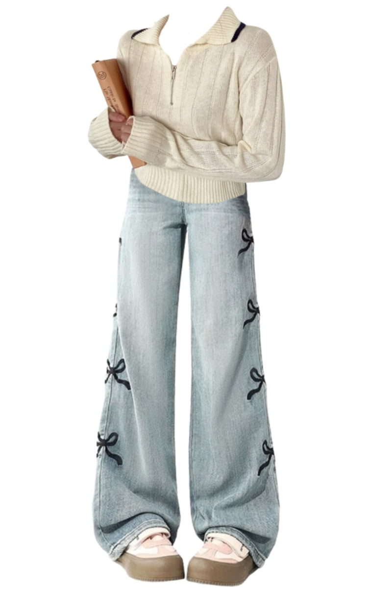 OOTD: Zip Up Sweater + Side Embroidered Bow Boyfriend Jeans
