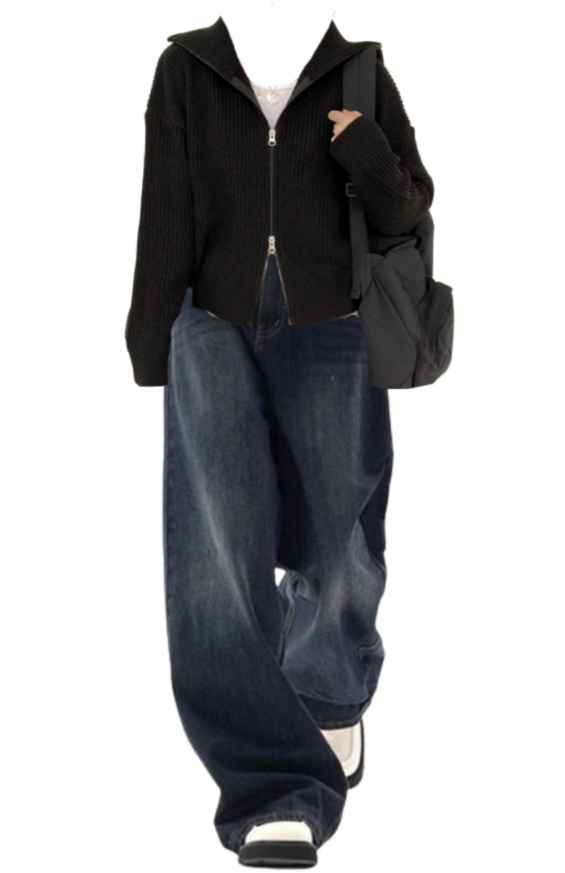 OOOTD: Solid Color Oversized Zip Up Cardigan + Vintage Blue 90s Boyfriend Jeans