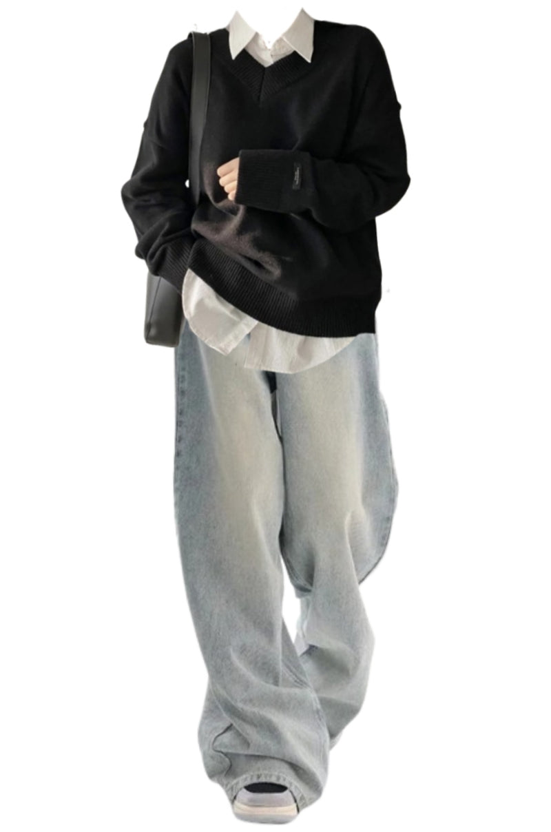 OOTD: V-Neck Pullover Dark Academia Sweater + Vintage 90s Baggy Boyfriend Jeans