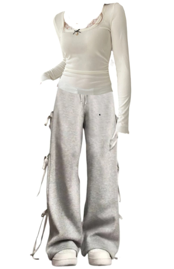 OOTD: Lace Trim Bow Long Sleeve Slim Tee + Street Side Bow Tie Sweatpants