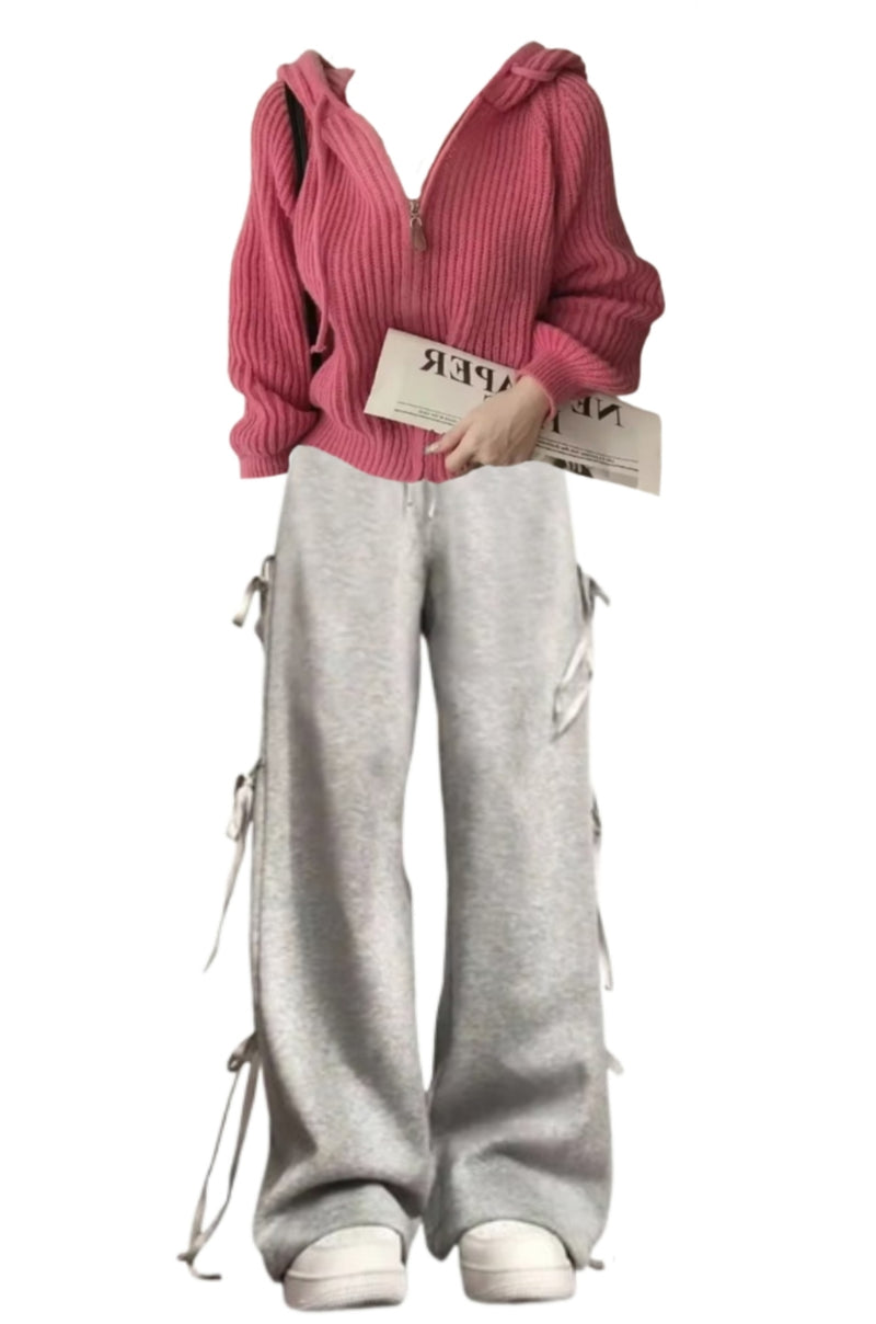 OOTD: Vintage Zip Up Knitted Hooded Cardigan + Street Side Bow Tie Sweatpants