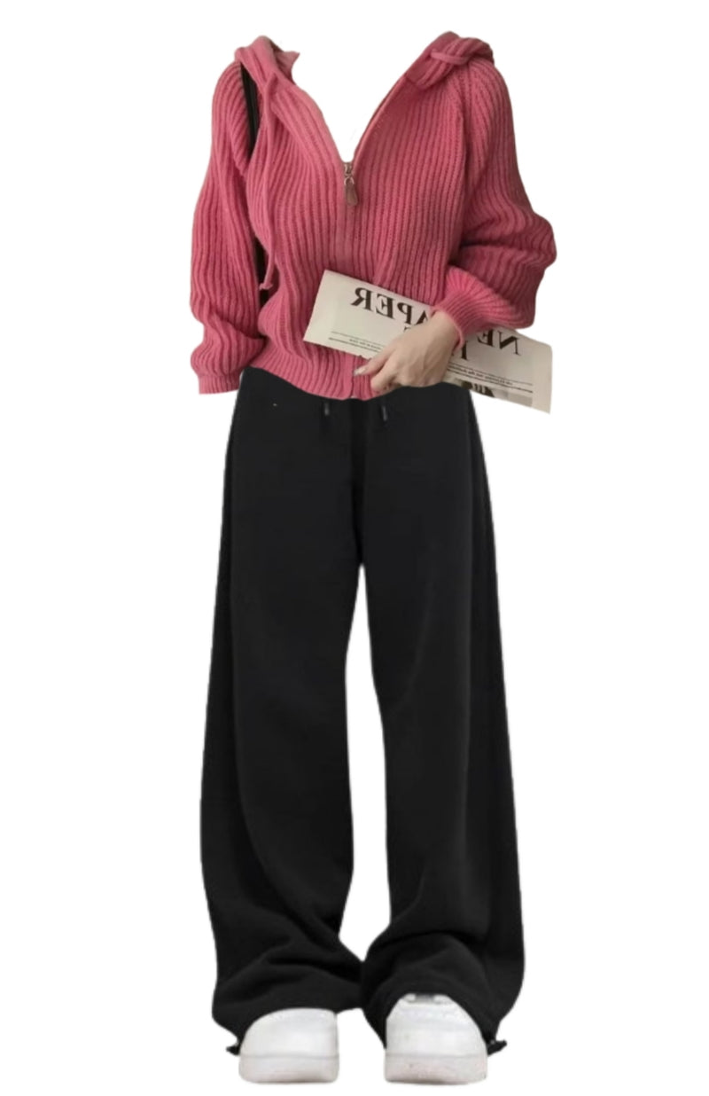 OOTD: Vintage Zip Up Knitted Hooded Cardigan + Vintage Solid Color Baggy Sweatpants