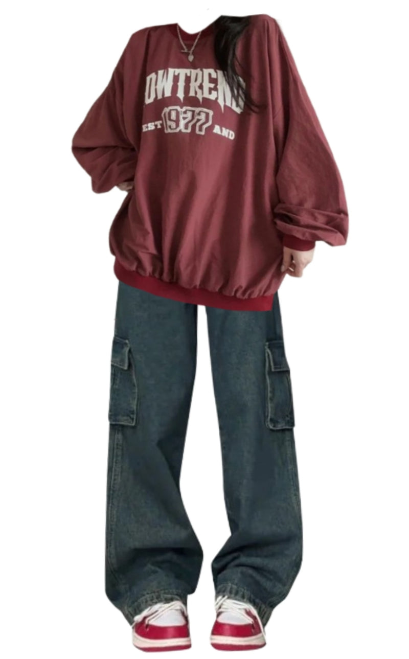 OOTD: Round Neck Sweatshirt + Vintage Patchwork High Waist Cargo Jeans