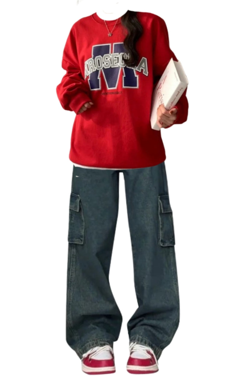 OOTD: Round Neck Sweatshirt + Vintage Patchwork High Waist Cargo Jeans