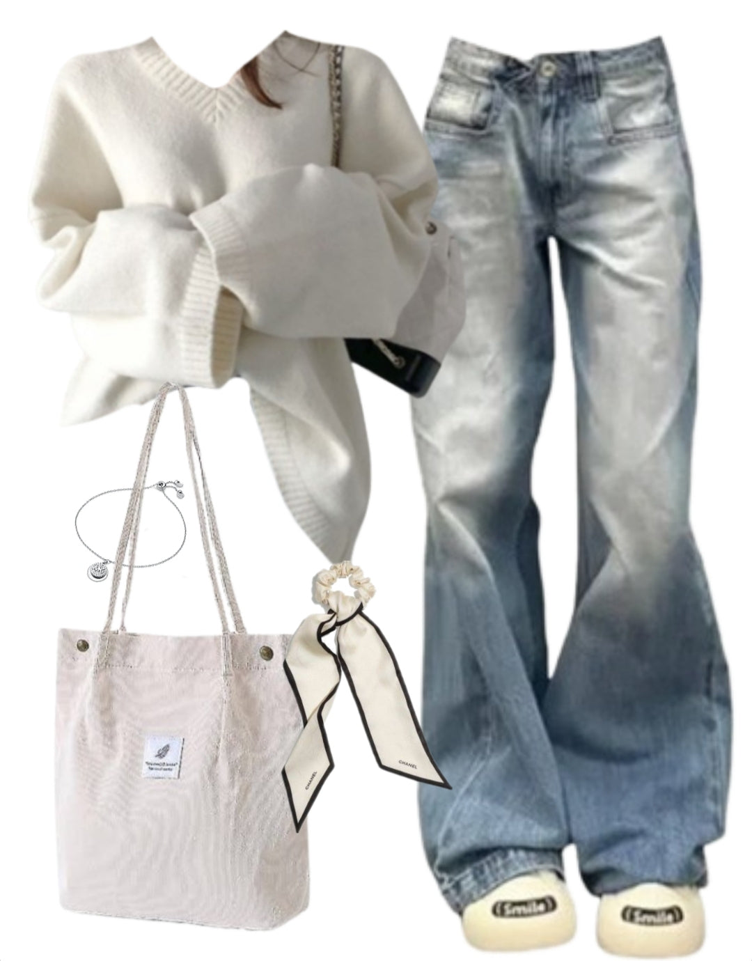 OOTD: Loose Sweater + Vintage Jeans + Corduroy Tote Bag