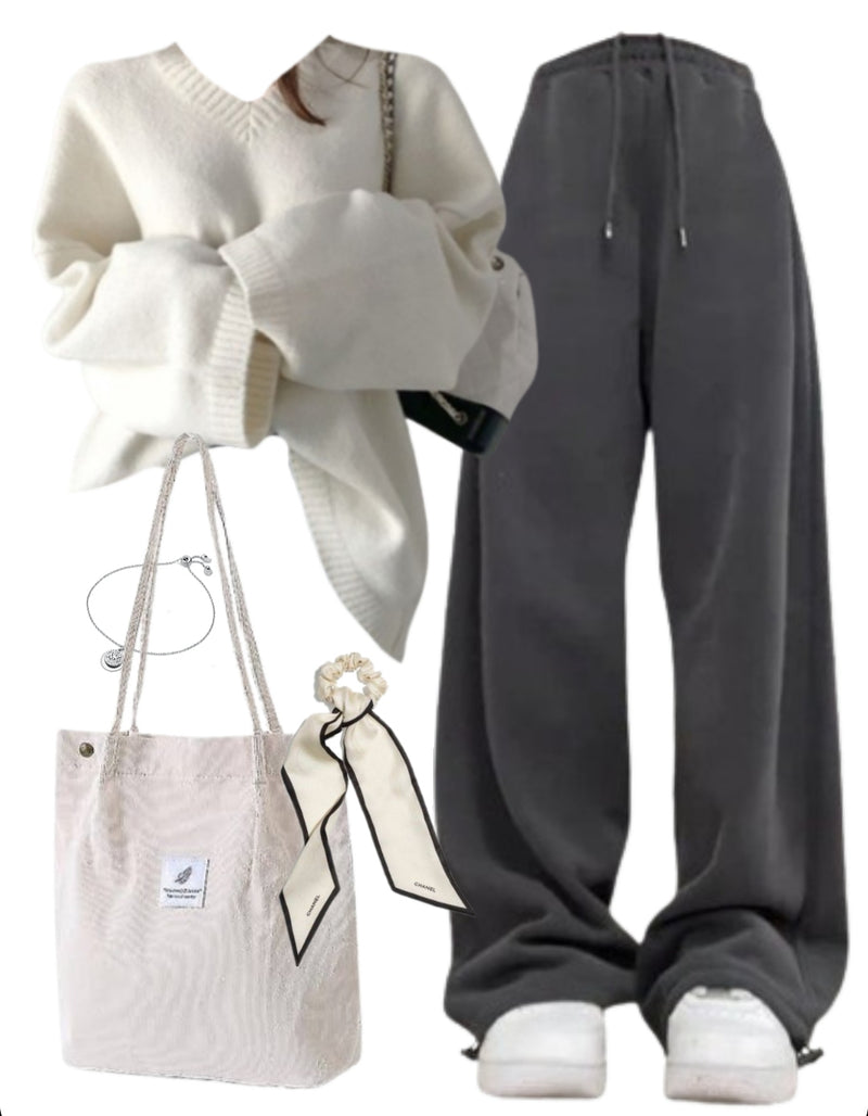 OOTD: Solid Color Sweater + Vintage Sweatpants + Corduroy Tote Bag