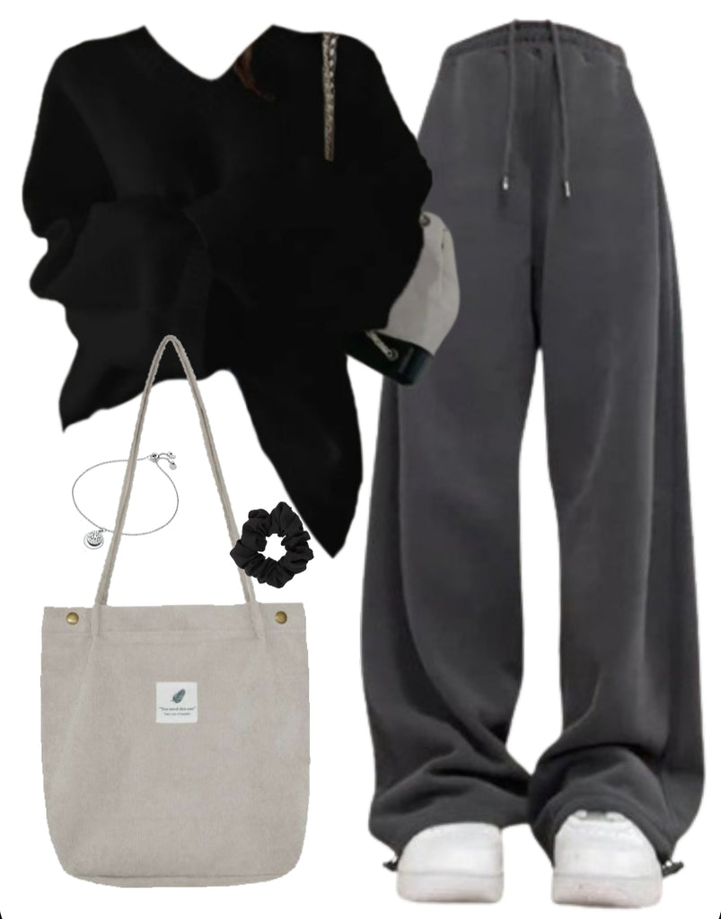 OOTD: V-Neck Sweater + Vintage Baggy Sweatpants + Corduroy Tote Bag