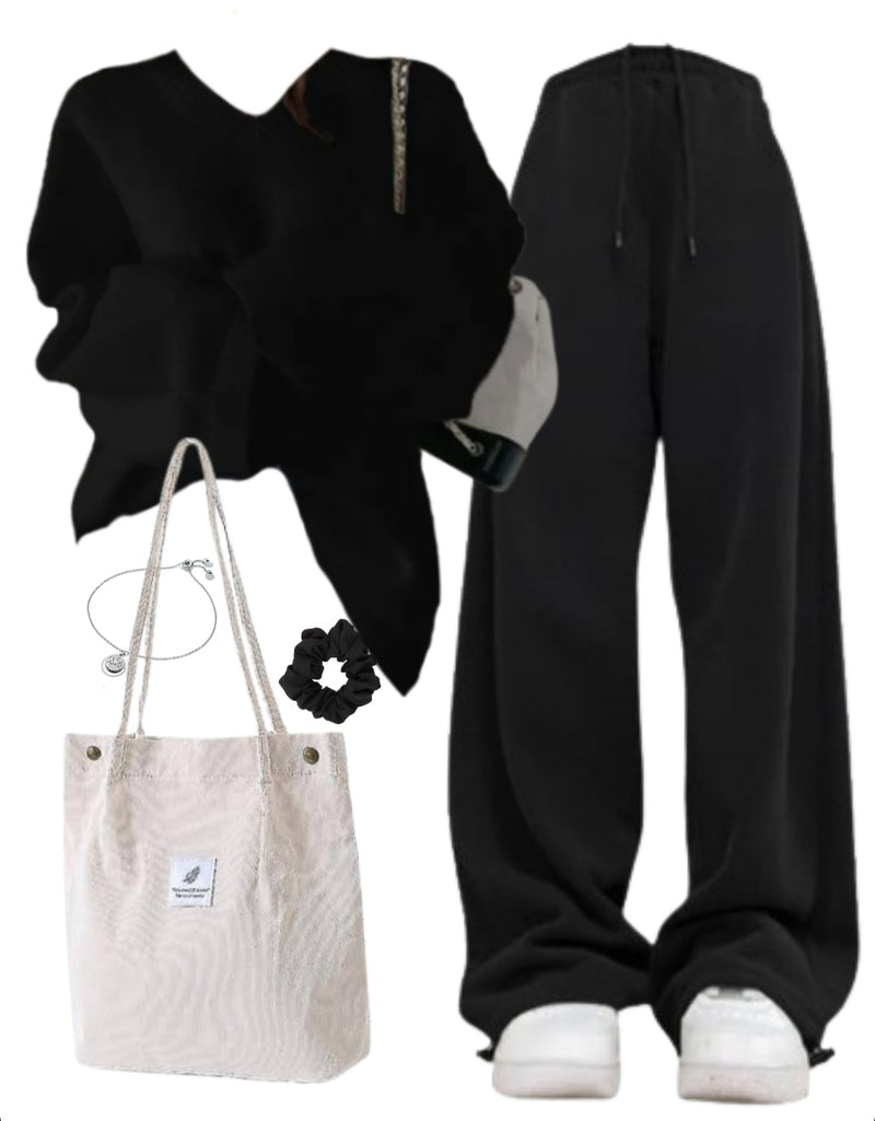 OOTD: Solid Color Loose Sweater + Vintage Sweatpants + Corduroy Tote Bag