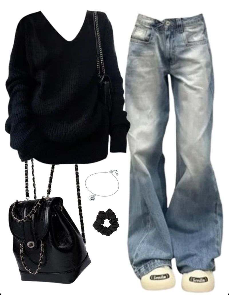 OOTD: Oversized Sweater + Vintage Blue Wash Jeans + Mini Backpack