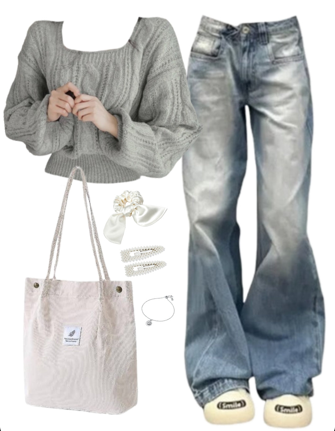 OOTD: Square Collar Sweater + Vintage Baggy Jeans + Corduroy Tote Bag