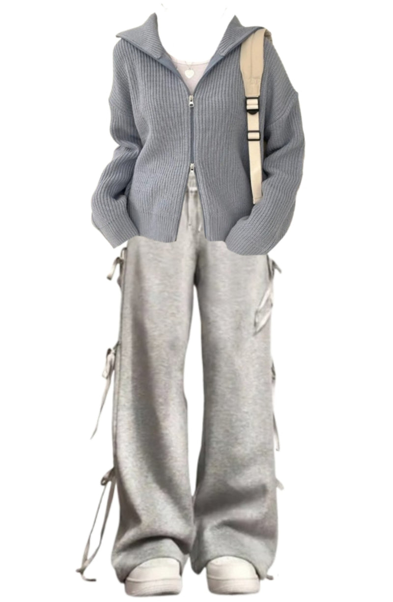 OOTD: Solid Color Zip Up Cardigan + Bow Sweatpants