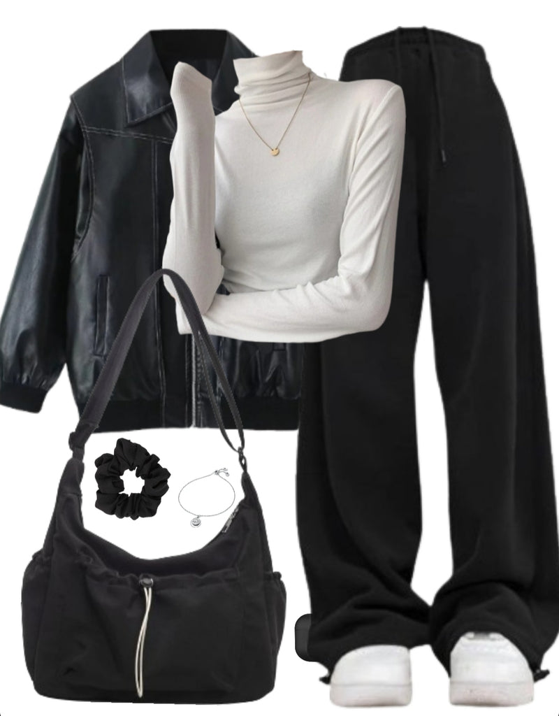 OOTD: Oversized Leather Jacket + Turtleneck Knitted Tee + Baggy Sweatpants + Crossbody Bag