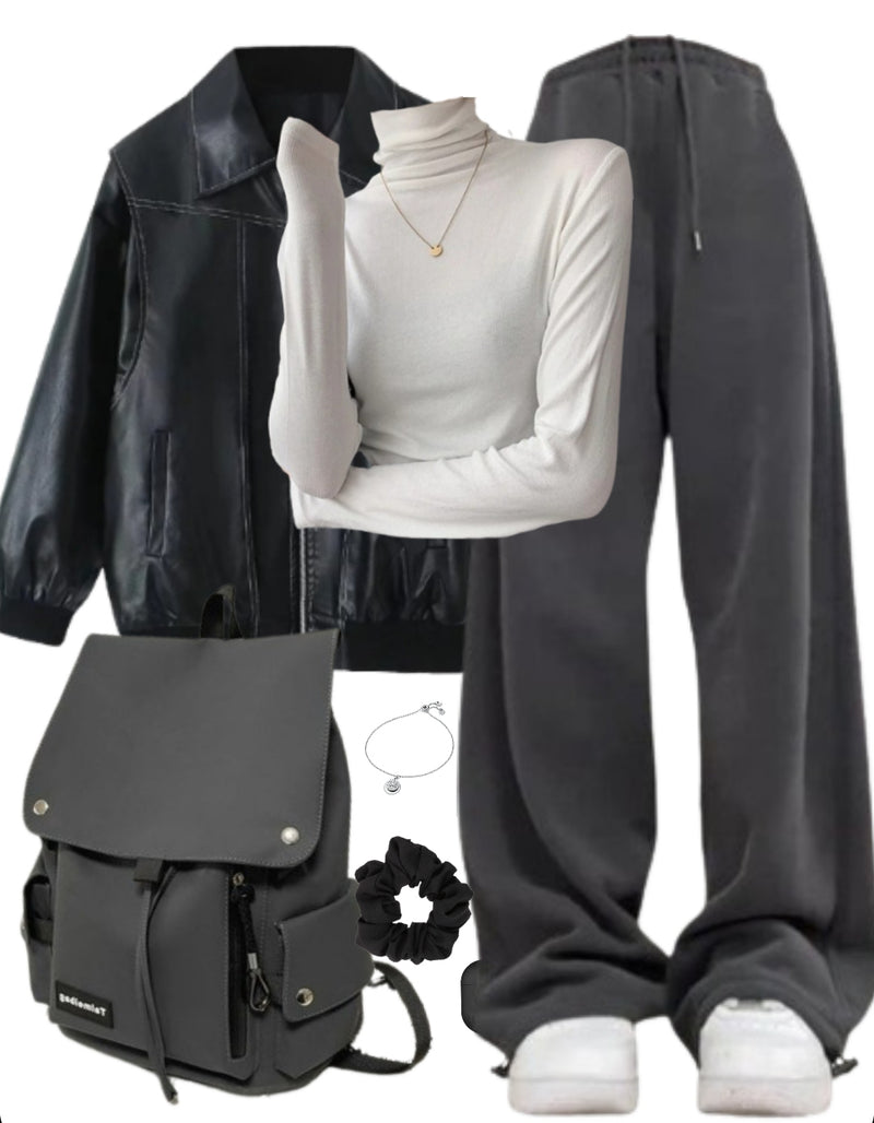 OOTD: Oversized Jacket + Knitted Tee + Baggy Sweatpants + Backpack