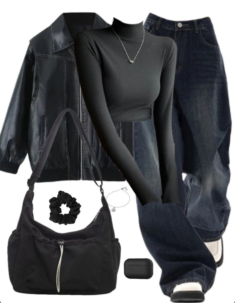 OOTD: Oversized Leather Jacket + Knitted Tee + Boyfriend Jeans + Crossbody Bag