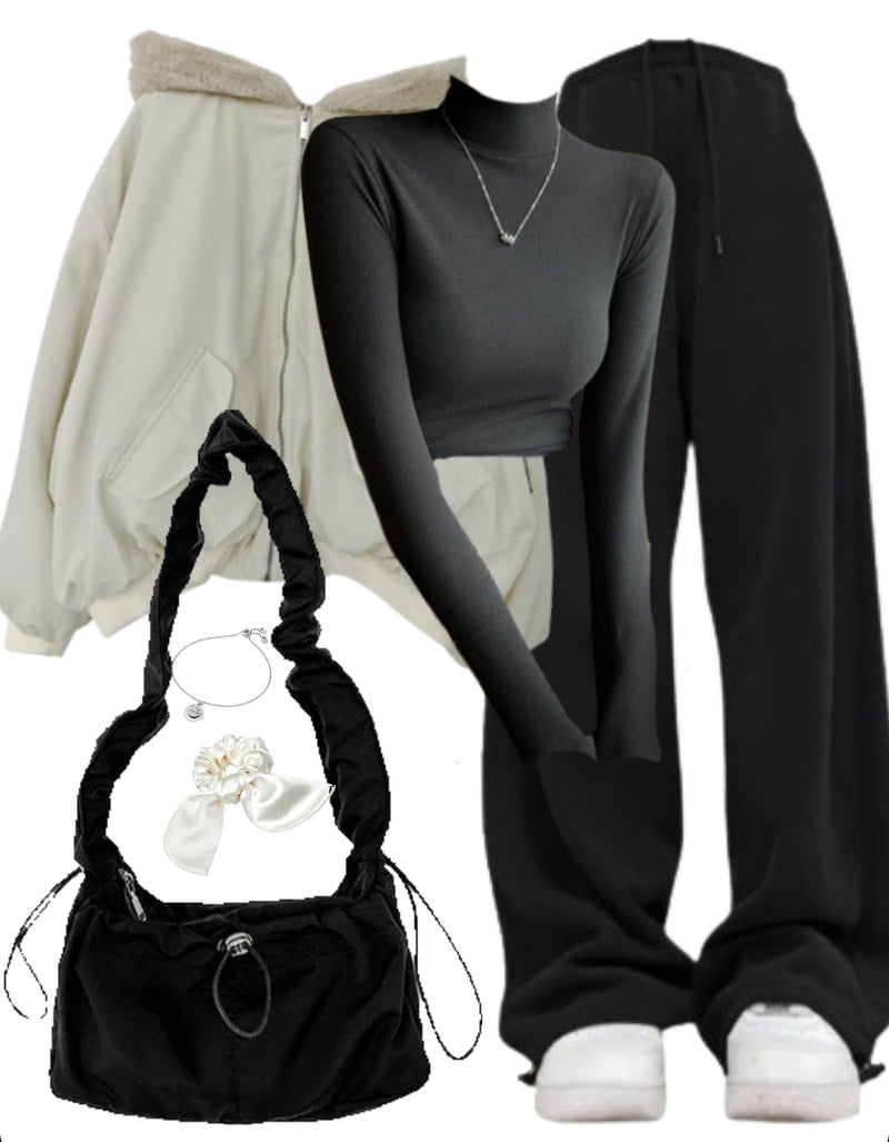 OOTD: Hooded Jacket + Knitted Tee + Baggy Sweatpants + Shoulder Bag