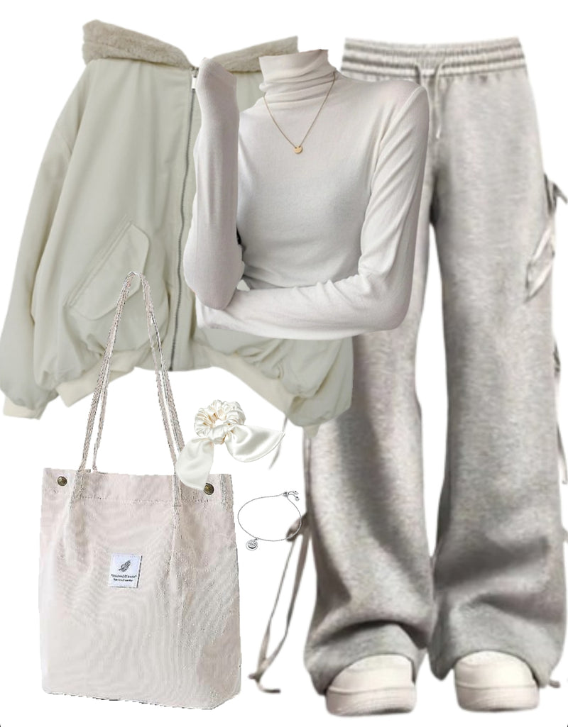OOTD: Hooded Jacket + Knitted Tee + Bow Sweatpants + Corduroy Tote Bag