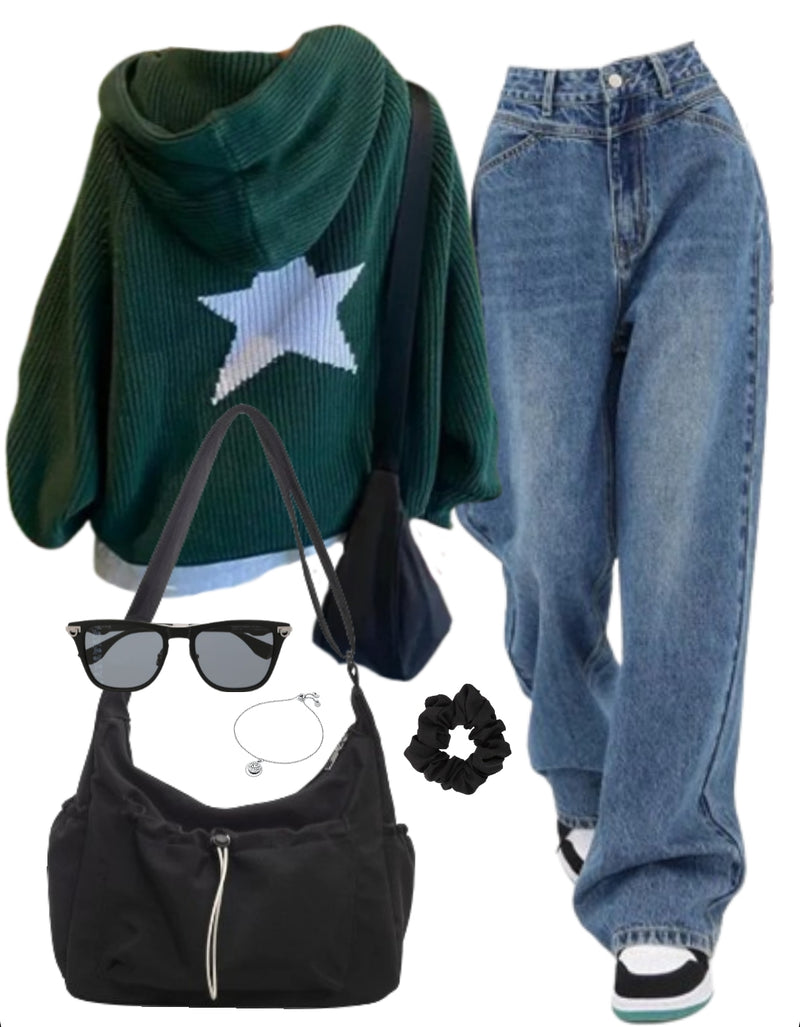 OOTD: Star Print Sweater + Boyfriend Jeans + Crossbody Bag