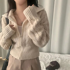 Solid Color Cable Knit Zip Up Cardigan