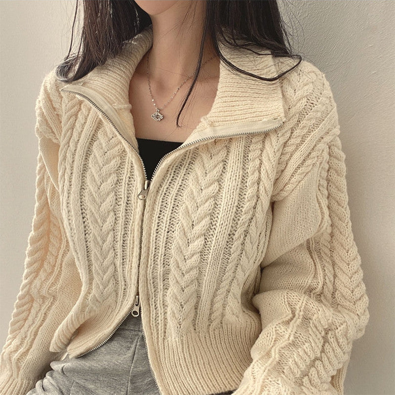 Twist Double Zipper Design Short Cardigan - fairypeony