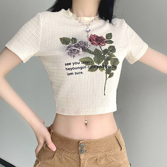 Vintage Floral Print Short Sleeve Tee - fairypeony