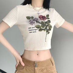 Vintage Floral Print Short Sleeve Tee - fairypeony