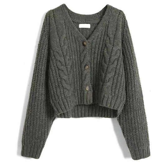 V-Neck Cable Knit Button Long Sleeve Cardigan