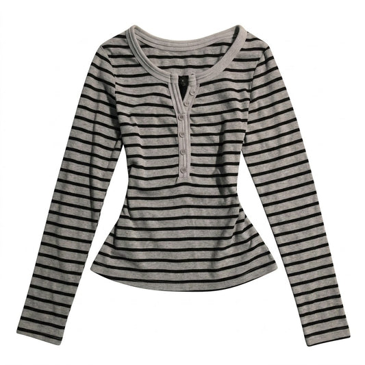 2000s Striped Long-Sleeve Knitted Top – Slim Henley Button Tee in 2 Colours XS–XL