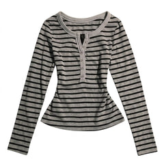 2000s Striped Long-Sleeve Knitted Top – Slim Henley Button Tee in 2 Colours XS–XL