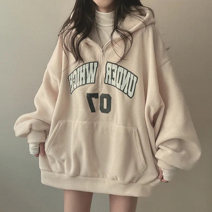 Letter Print Half Zip Oversized Hoodie - fairypeony