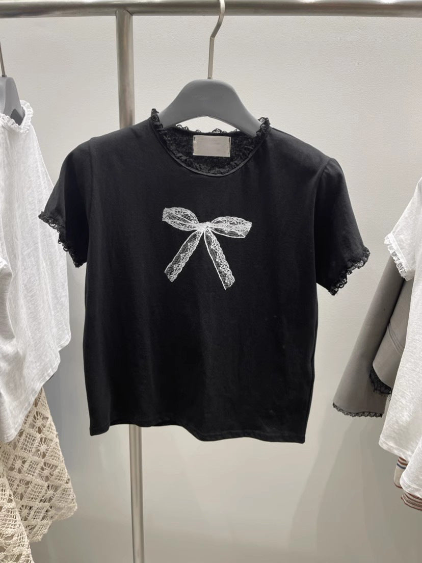 Lace Trim Bow Print Short Sleeve Tee