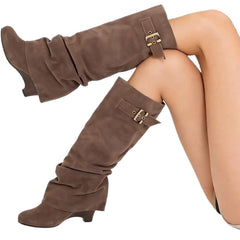 Retro Pleated Suede High-Top Riding Boots – Plush Lined Chunky Heel Ankle Boots