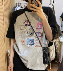 Cartoon Print Raglan Short Sleeve Tee