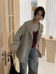 Stand Collar Long-Sleeve Coat – Snap Button Washed Cotton Jacket in 3 Colours