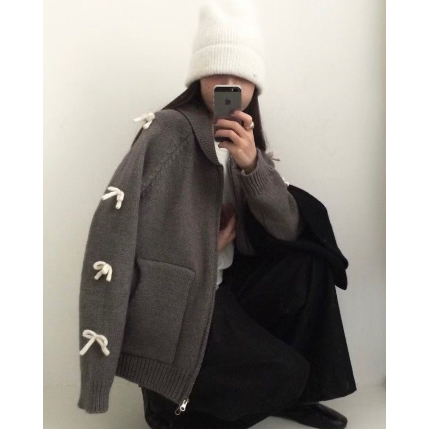 Bow Lazy Cardigan All-matching Lapel Zipper Sweater Coat - fairypeony