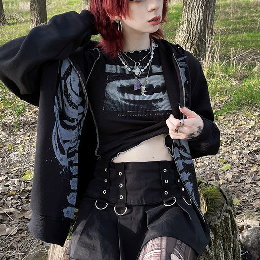 Skeleton Print Zip Up Loose Oversized Hoodie - fairypeony