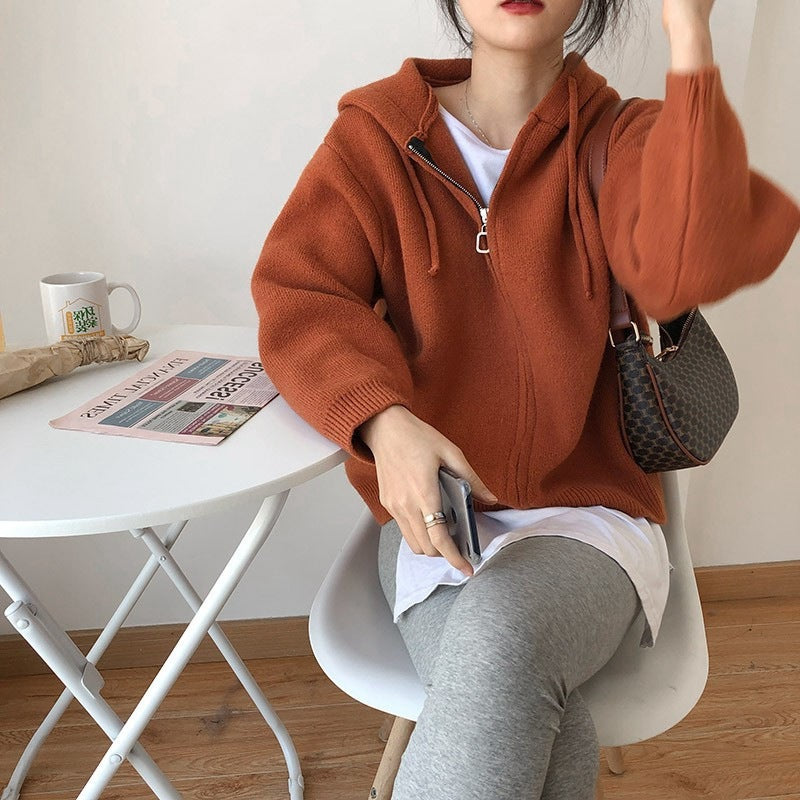 Solid Color Zip Up Oversized Hooded Cardigan - fairypeony