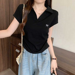 Embroidered Bow Polo Collar Short Sleeve Tee