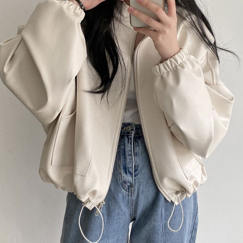 Solid Big Pocket Drawstring Collar Neck Leather Jacket - fairypeony