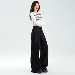Black Wide-Leg Suit Pants Mid-High Waist Loose Casual Trousers