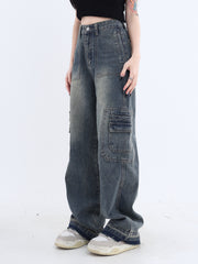 Vintage Wash High Waist Cargo Jeans