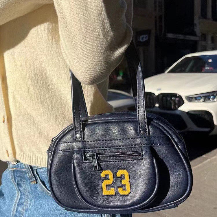 23 Embroidery Navy Blue Pu Leather Handbag